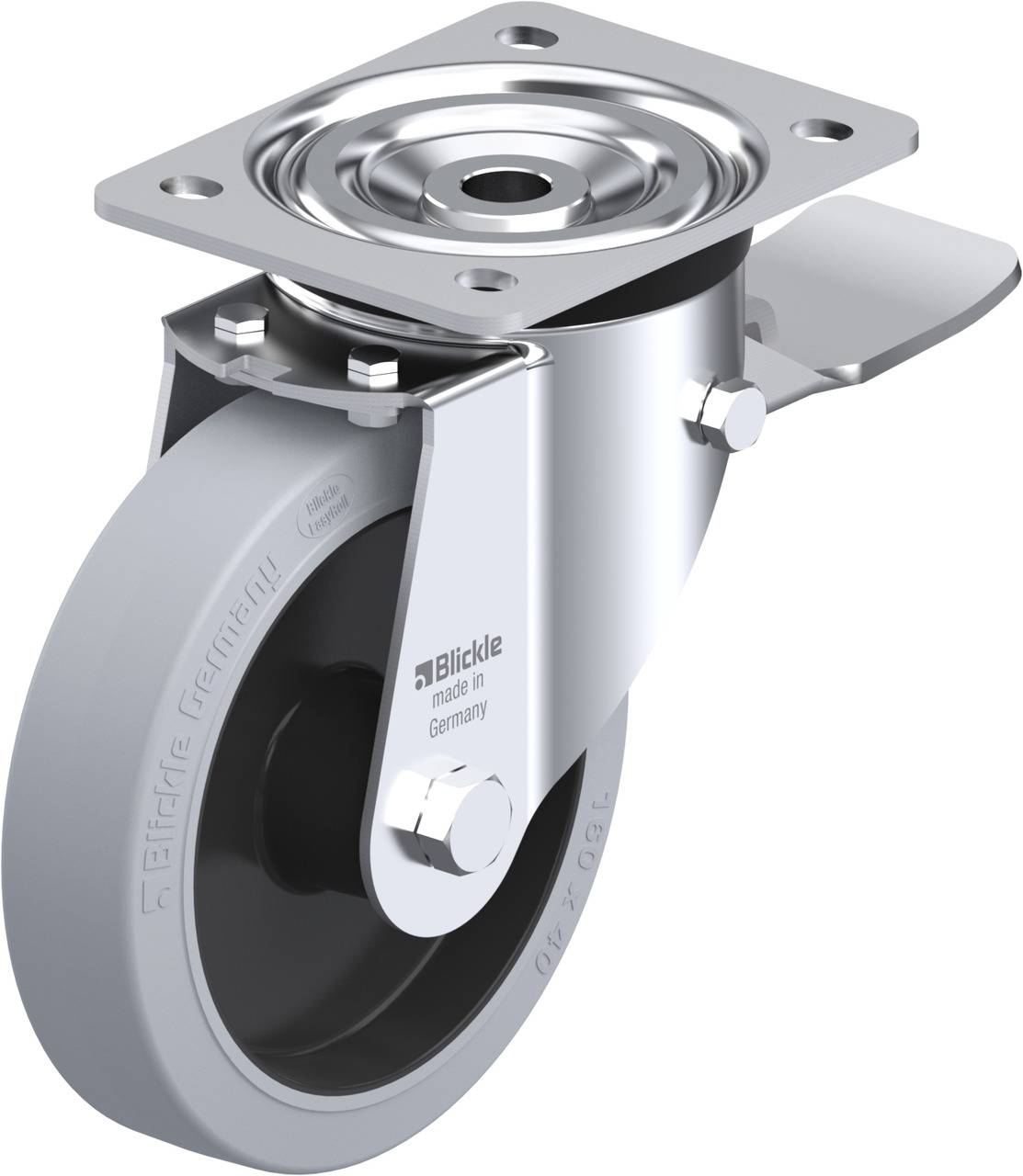 Graue Lenkrolle mit Metallplatte und Stoppermechanismus, geeignet für Transportwagen oder Möbel, von der Marke Blickle.