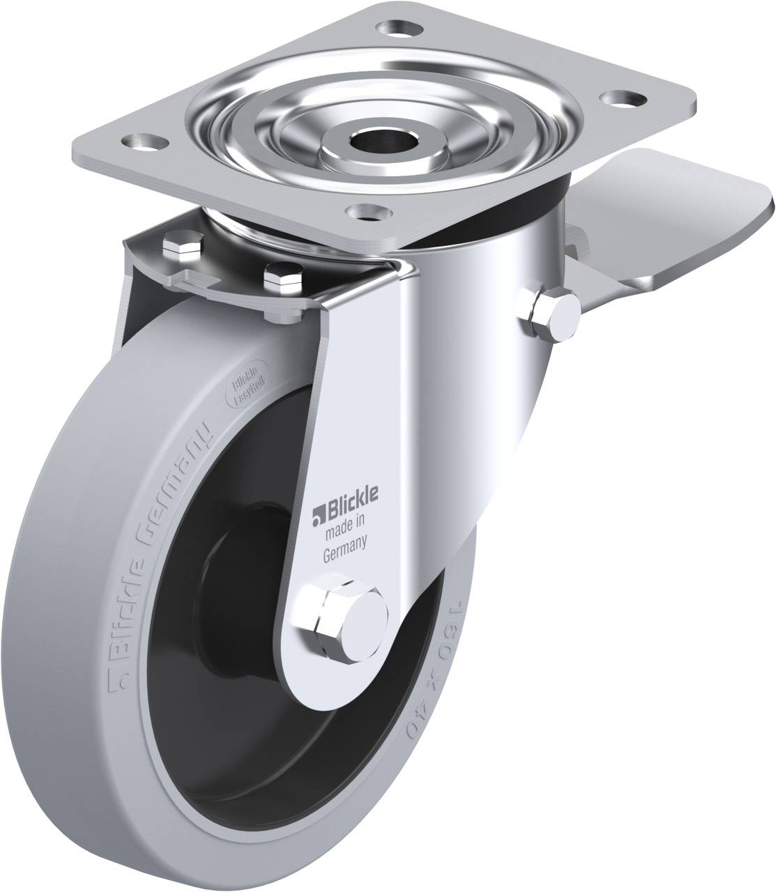 Grauer drehbarer Industrierollenbeschlag mit Bremse und Metallrahmen, geeignet für schwere Lasten.