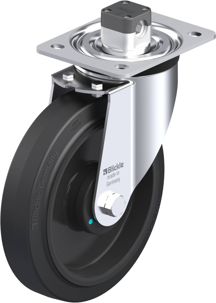 Schwenkrolle mit grauem Rad und silberner Halterung, geeignet für industrielle Anwendungen. Marke 'Blickle', gefertigt in Deutschland.