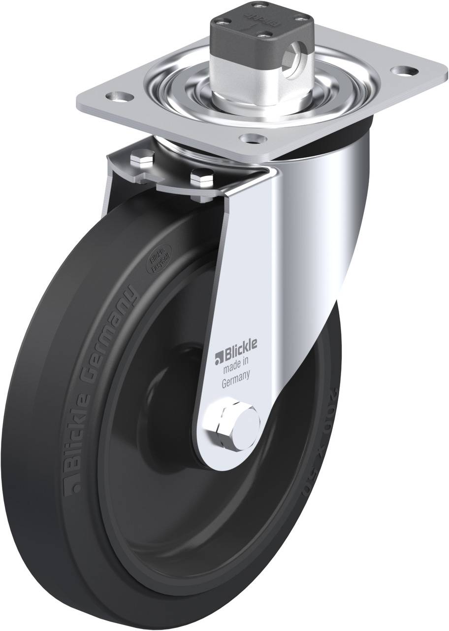 Eine silberne Schwenkrolle mit schwarzem Rad. Auf der Halterung steht 'Made in Germany'. Geeignet für Leicht- und Schwerlastanwendungen.