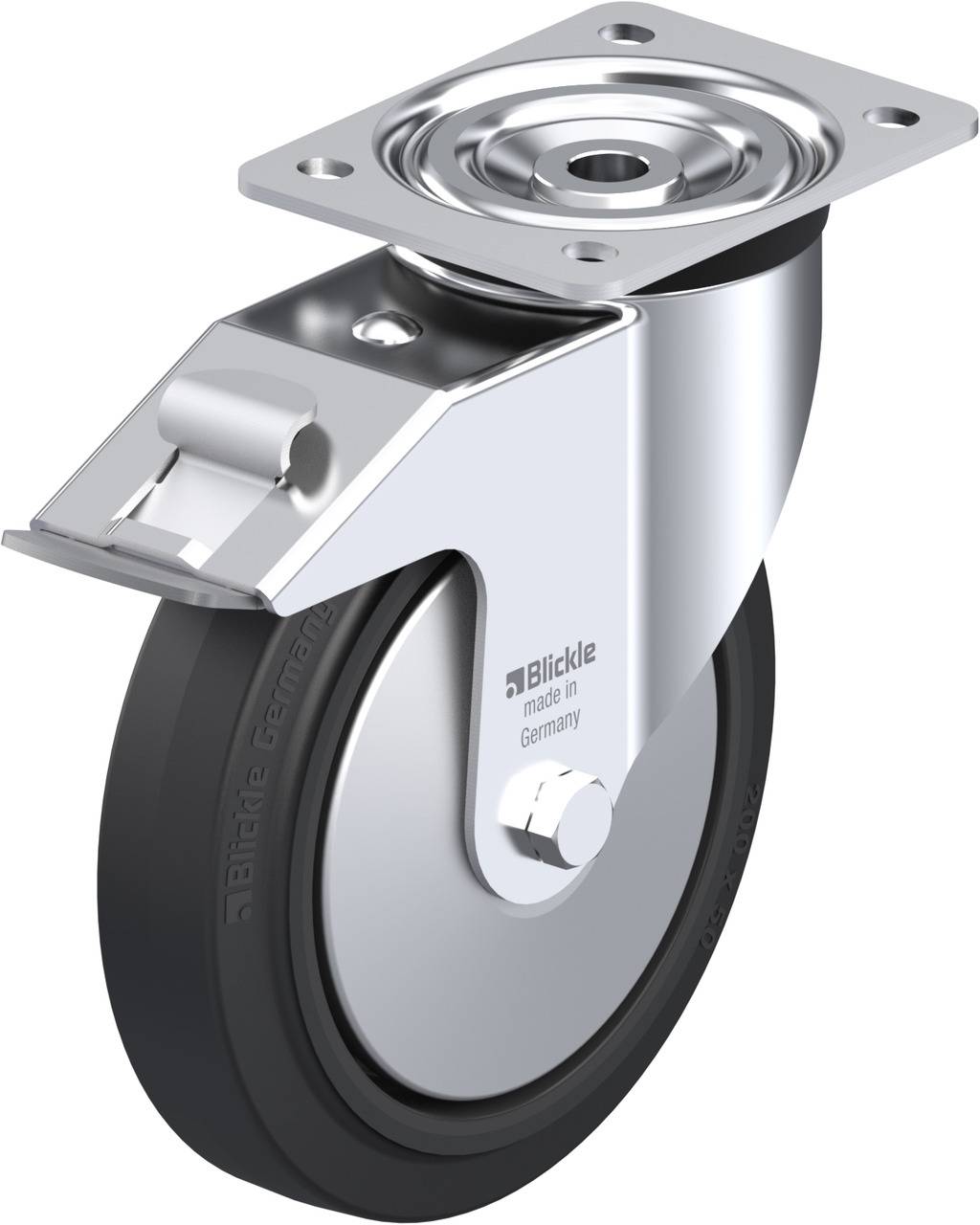 Schwenkrolle aus Metall mit schwarzem Rad, genutzt für den Transport von Lasten. Aufschrift 'Blickle made in Germany'.