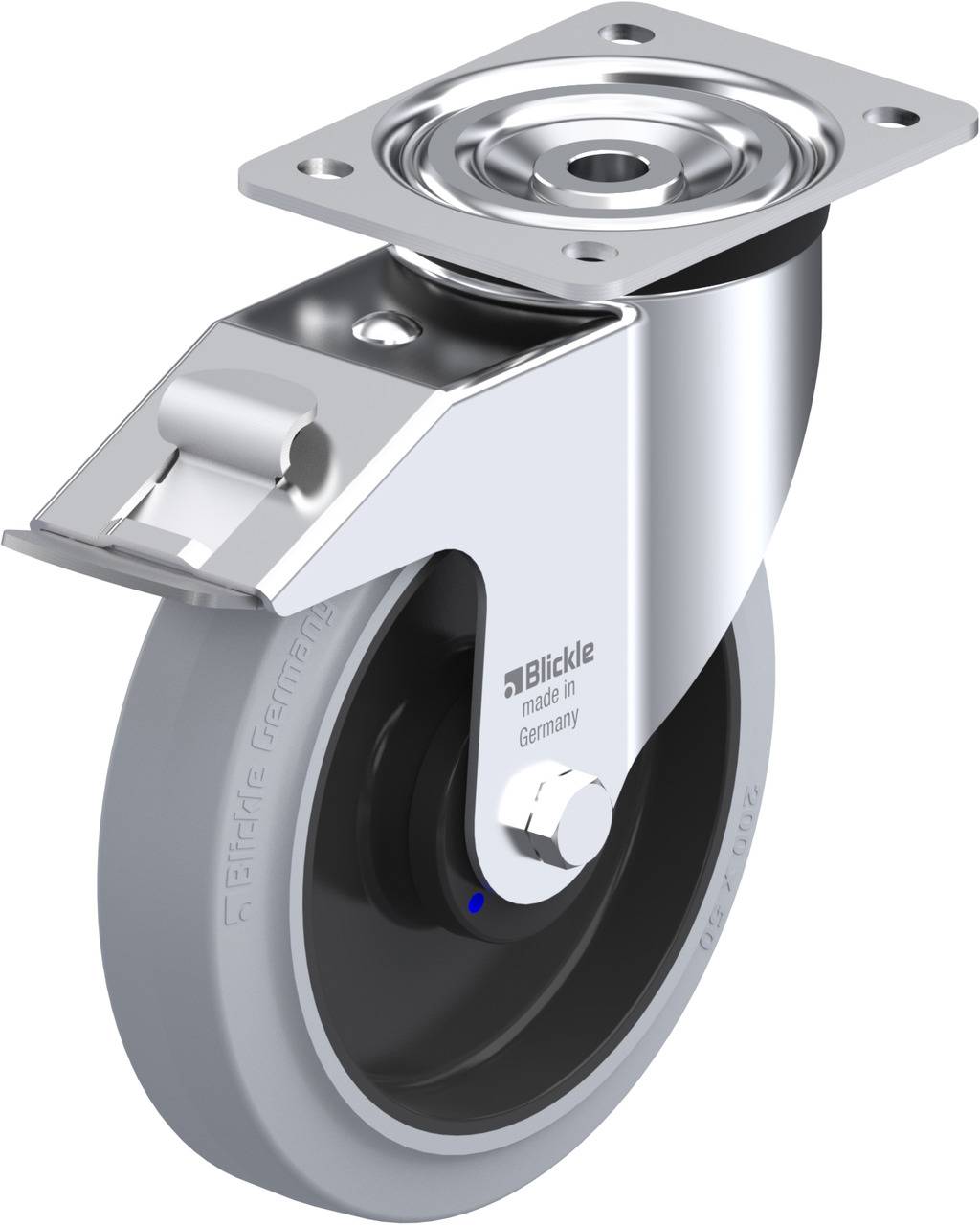 Schwenkrolle mit grauem Rad auf Metallhalterung, geeignet für industrielle Anwendungen. 