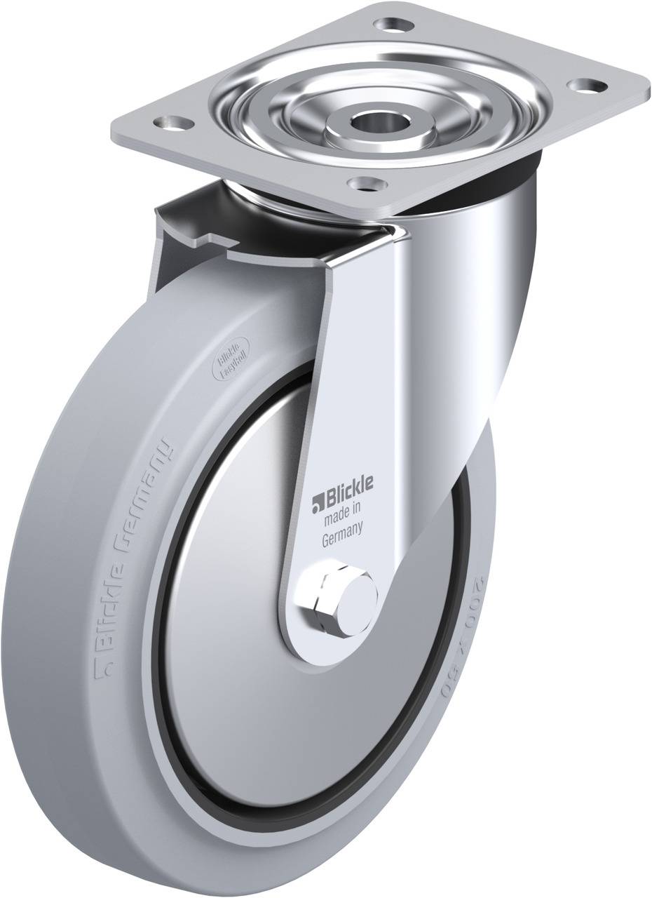 Rollenrad aus Metall und Gummi mit Drehplatte. Hergestellt in Deutschland von Blickle. Eignet sich für schwere Gegenstände.
