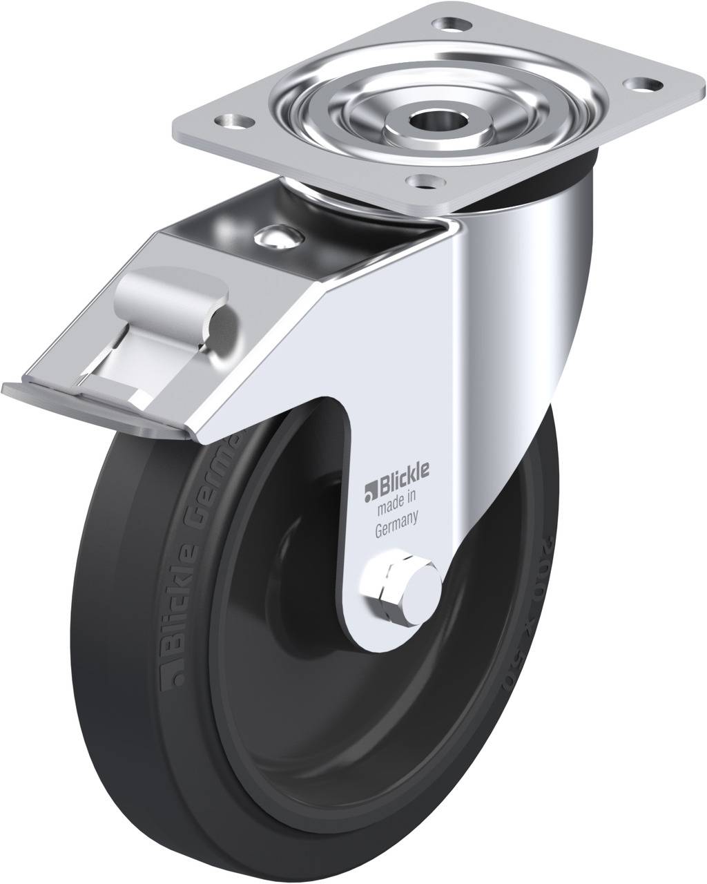 Ein einzelnes, schwenkbares Laufrollenrad mit Metallhalterung und schwarzem Rad. Darauf sind die Wörter 'Blickle’ und 'made in Germany' sichtbar.