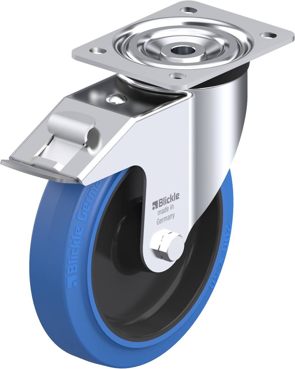 Rollenrad mit blauem Gummibelag und silbernem Gehäuse, angebrachte Bremse. Aufschrift 'Blickle – Made in Germany'.