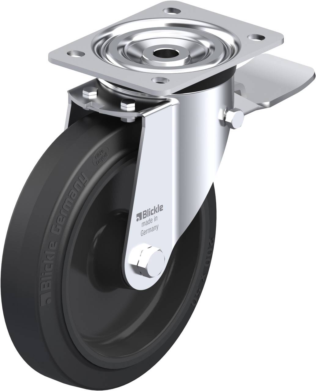 Schwenkrolle mit grauem Rad, Metallhalterung und Platte zur Befestigung. Geeignet für den Einbau an Möbel oder Geräte.