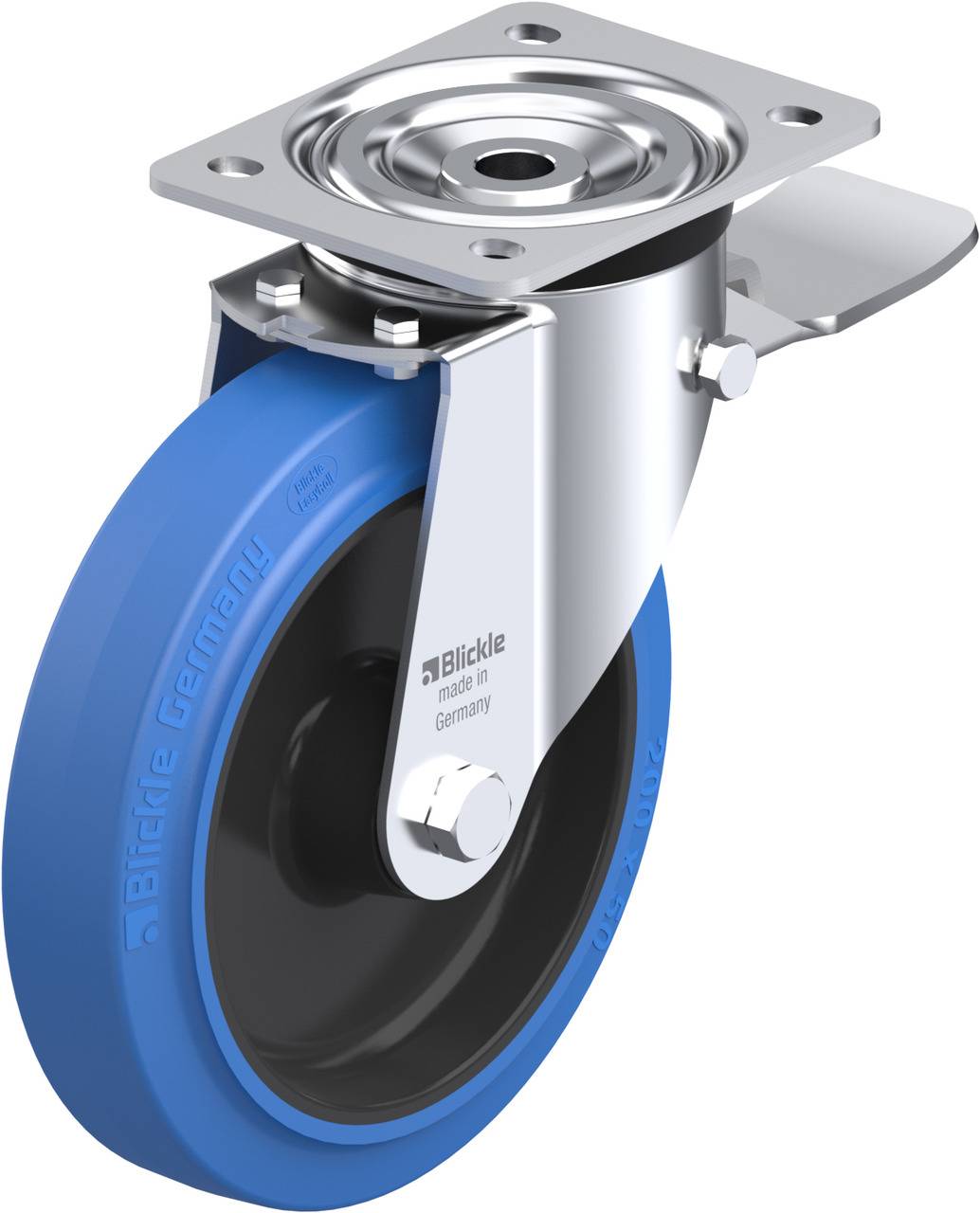 Metall-Rollenlager mit blauer Gummirolle, montiert auf einer rechteckigen Grundplatte. Geeignet für Möbel und industrielle Anwendungen.