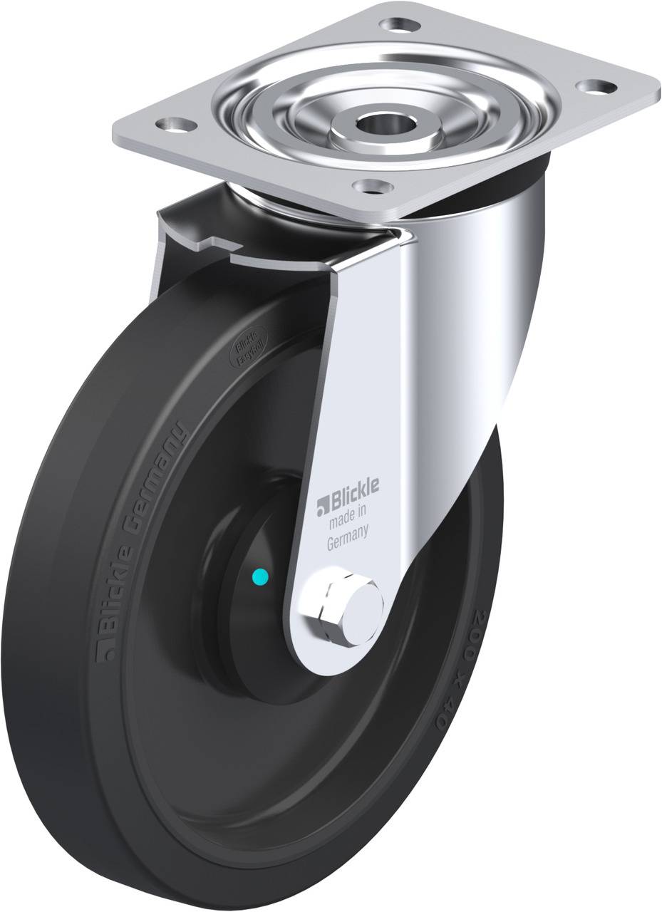 Schwenkrolle mit schwarzem Rad und silbernem Gehäuse, ausgestattet mit einer Halteplatte zur Befestigung, geeignet für industrielle Anwendungen.