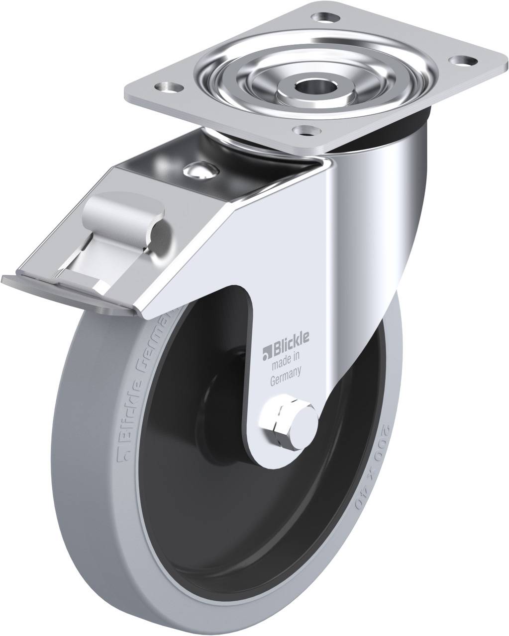 Lenkrolle aus Metall mit grauem Gummirad, hergestellt in Deutschland von Blickle, für schwere Lasten geeignet.