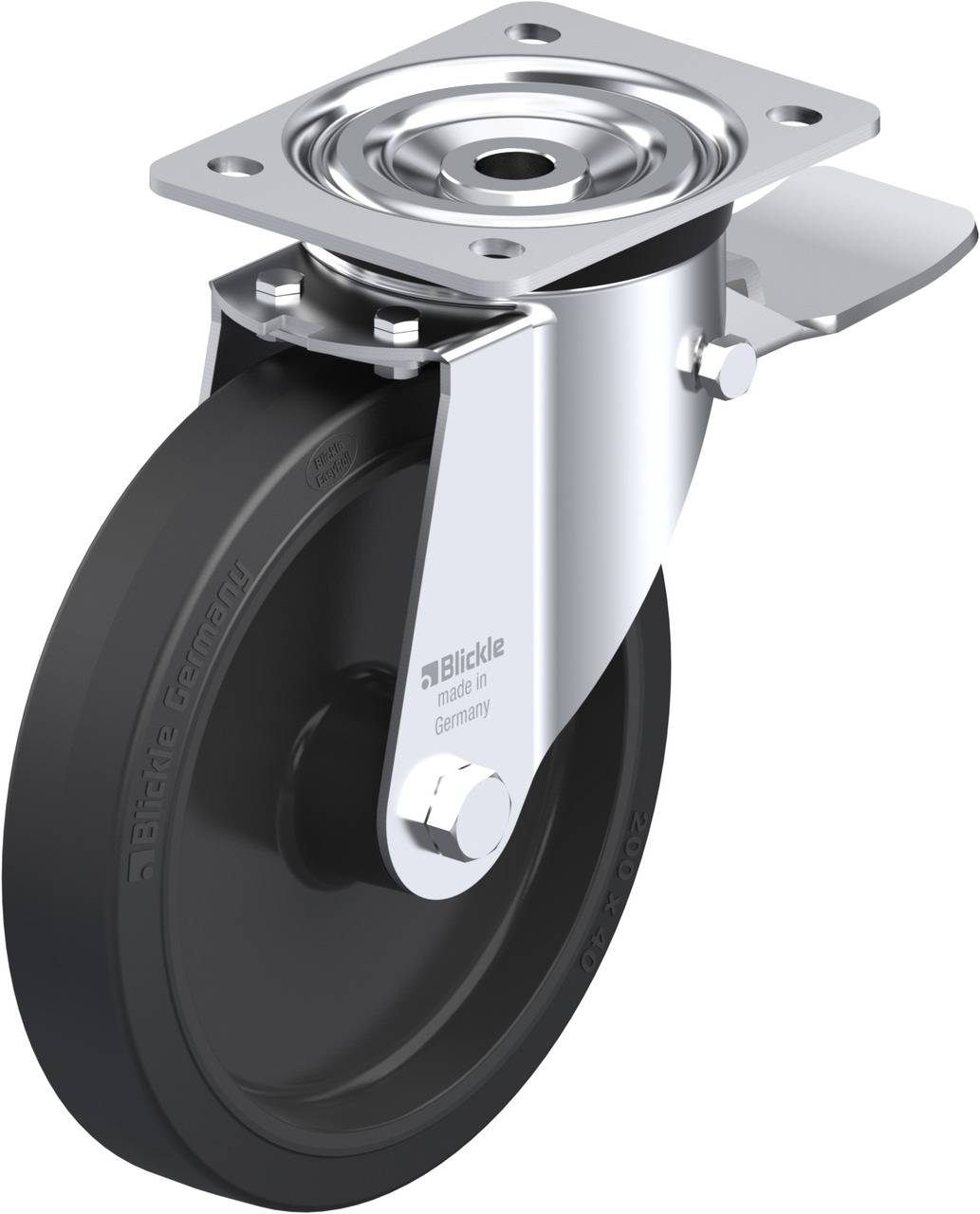 Lenkrolle mit schwarzem Rad und verchromtem Metallgehäuse, montiert auf einer rechteckigen Metallplatte.