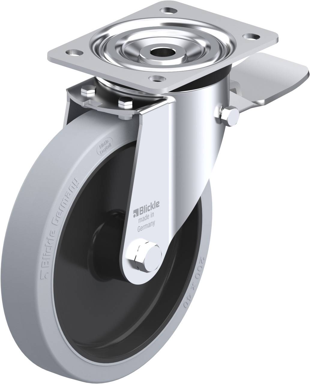 Industrie-Lenkrolle aus Metall mit grauem Rad, geeignet für schwere Lasten. Enthält eine Plattenbefestigung und drehbare Lagerung.