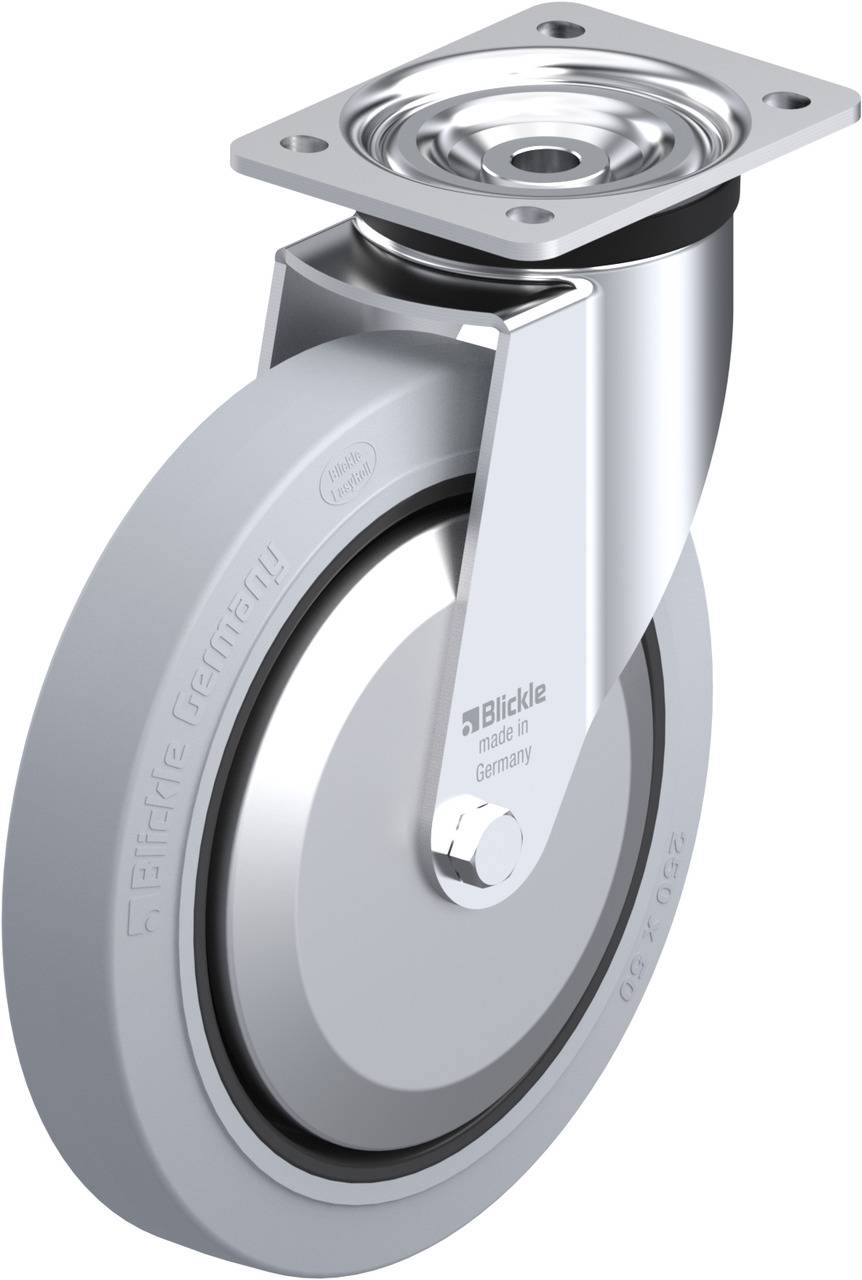 Industrie-Rollenrad aus Metall und Gummi mit Befestigungsplatte, geeignet für schwere Lasten auf harten Böden.