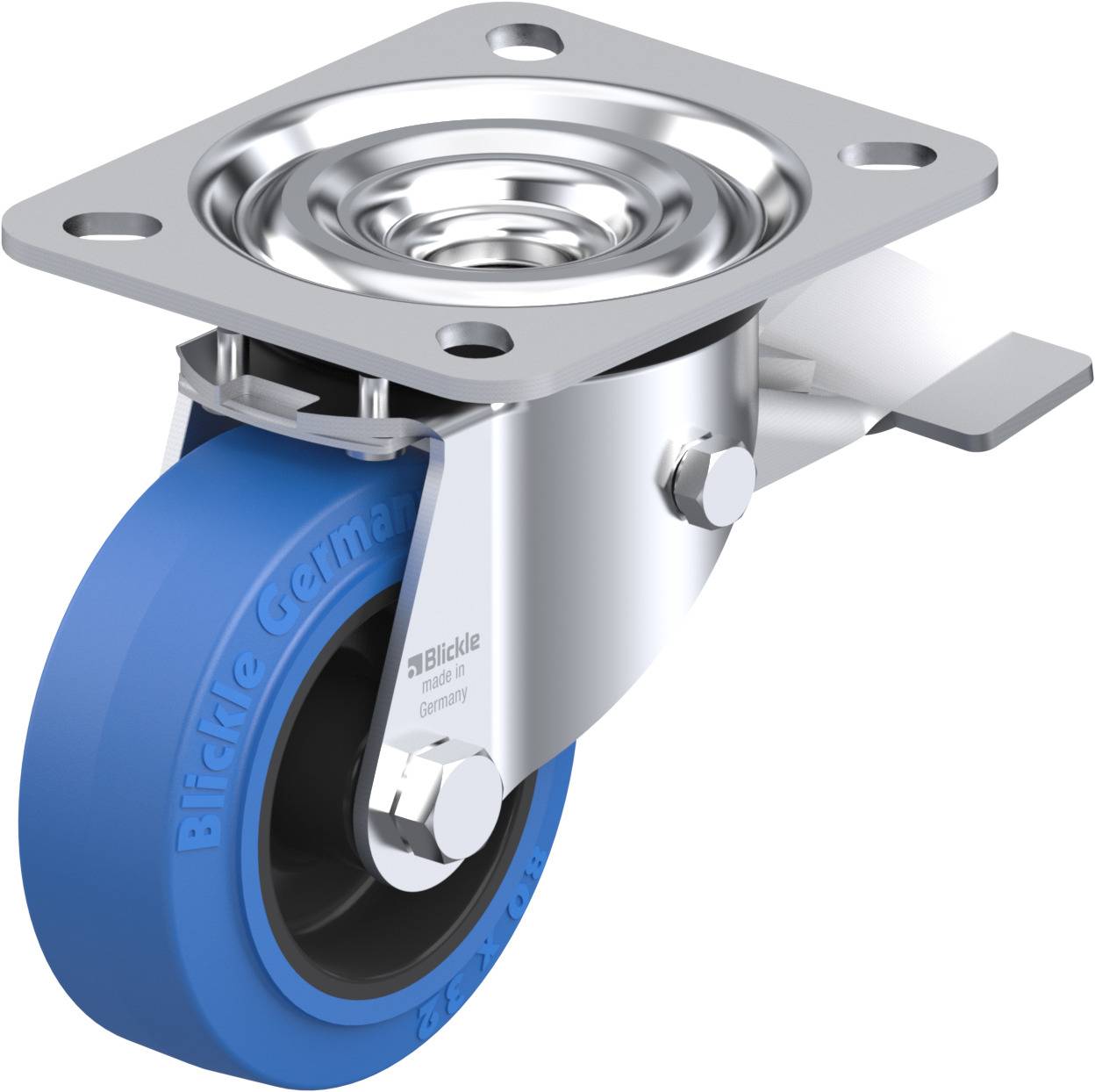 Ein blaues Laufrollenrad mit silberner Metallhalterung, geeignet für industrielle Anwendungen, auf einem weißen Hintergrund.