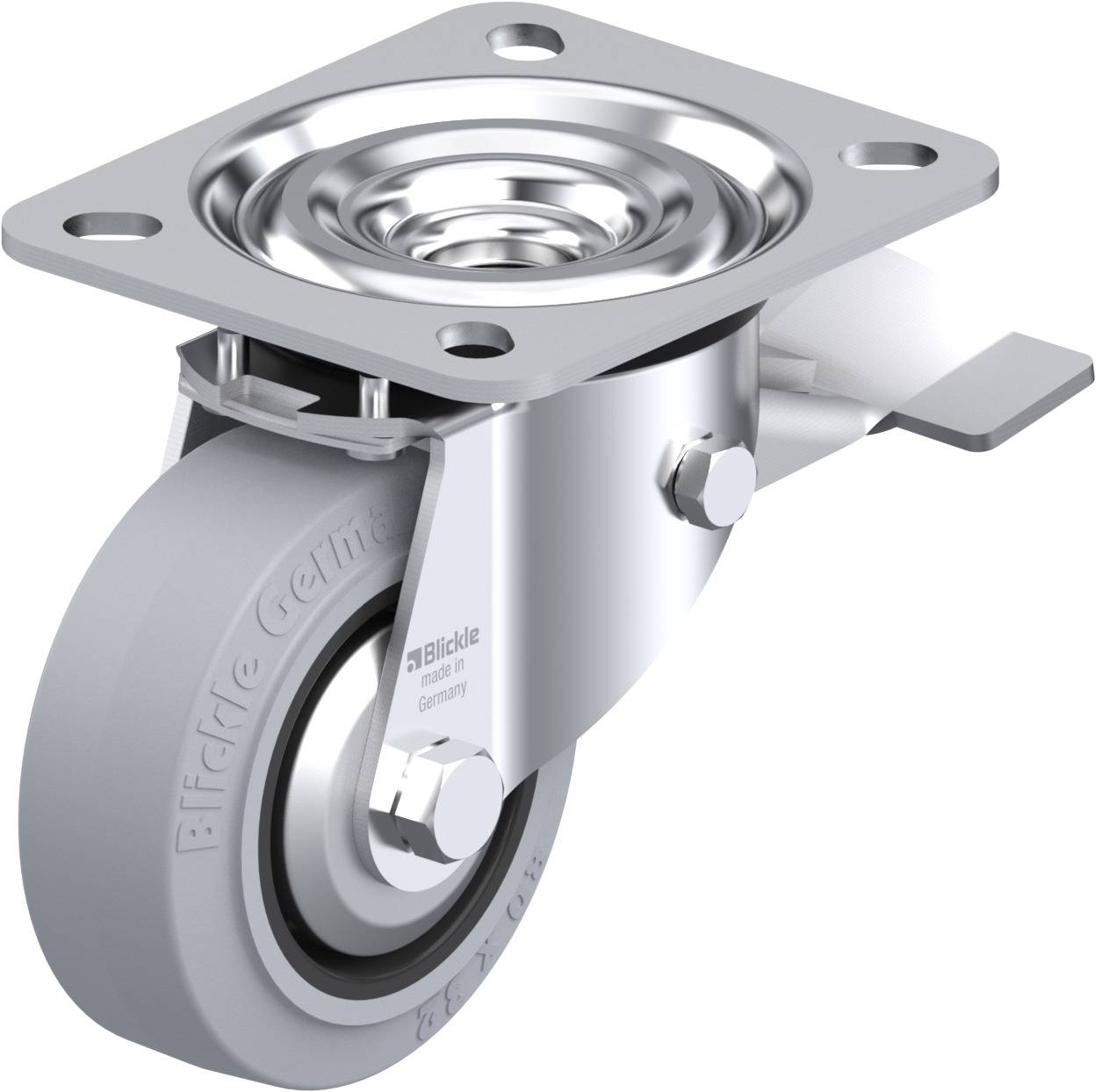 Schwenkrolle mit grauem Rad und metallischem Gehäuse. Robust und industrialisiert, geeignet für Lastentransport.