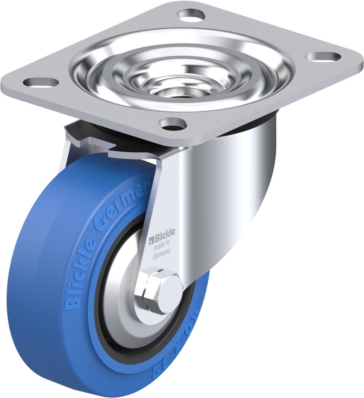 Blaues Lenkrollenrad mit Metallhalterung, geeignet für Industrie- und Möbelanwendungen. Markierung 'Blickle Germany'.