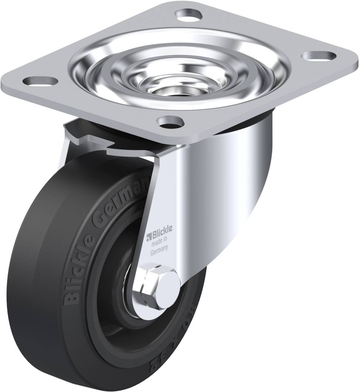 Grauer Lenkrolle mit schwarzem Rad und glatter, silberner Halterung, geeignet für leichte bis mittelschwere Lasten auf glatten Böden.