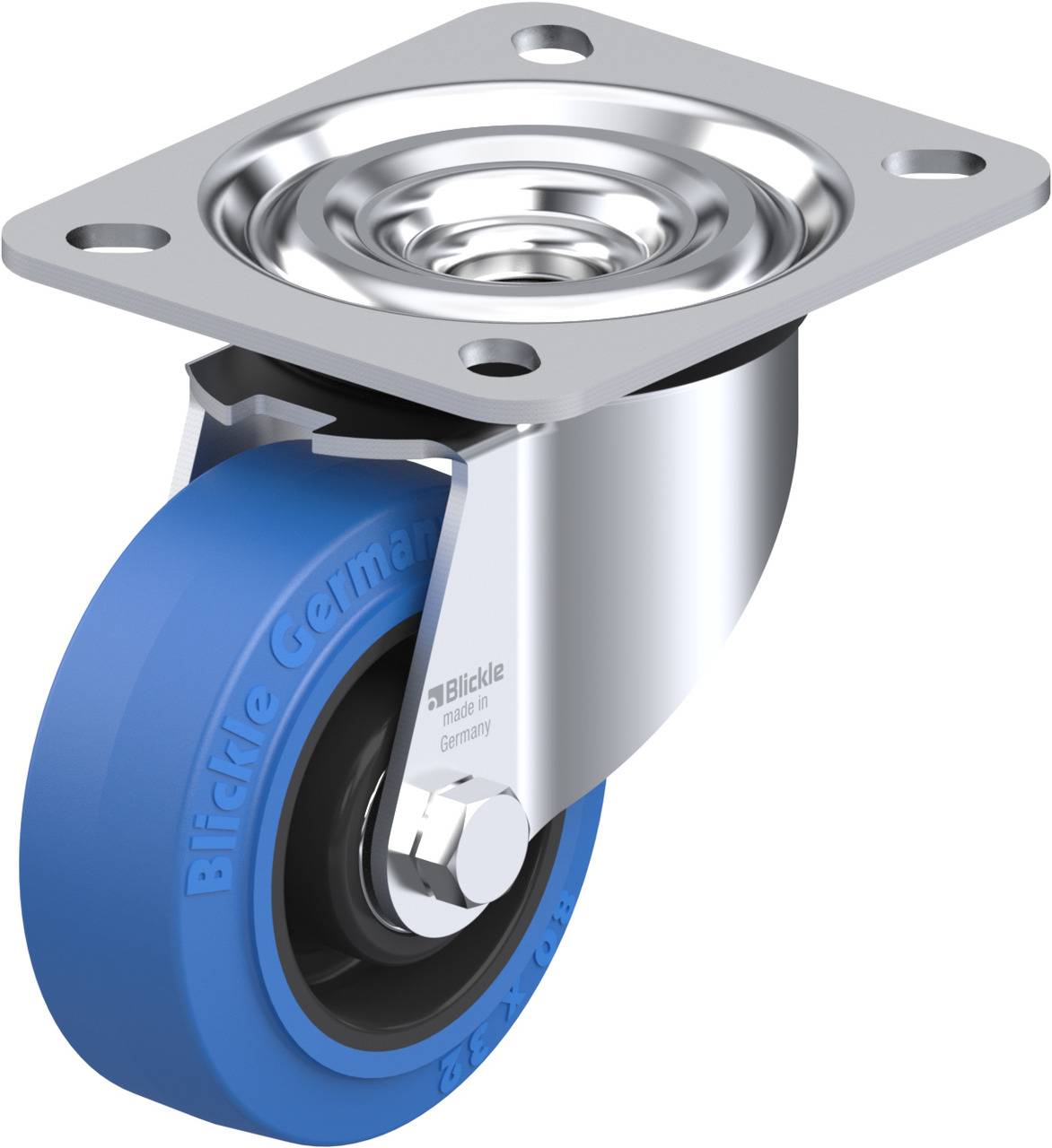 Metallene Lenkrolle mit blauem Rad und Befestigungsplatte, geeignet für Möbel oder Geräte. Markiert mit 'Blickle Germany'.