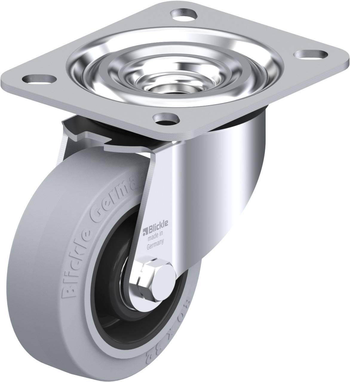 Metall-Rollen mit grauem Rad und Aufsatzplatte, geeignet für Möbel oder Geräte. Das Rad hat ein glattes Design für leichtes Rollen.