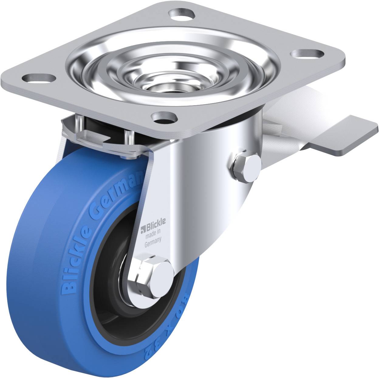 Ein blaues Rollrad mit Metallsockel, geeignet für Möbel oder Geräte. Der Sockel hat eine Befestigungsplatte und ein Bremssystem.