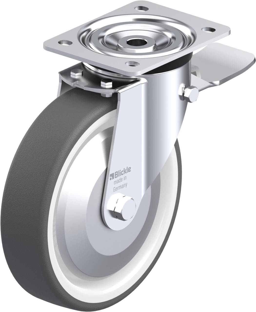 Ein graues, schwenkbares Rad mit Metallhalterung und Bremse, montiert auf einer Stahlplatte, zur Verwendung an mobilen Geräten.