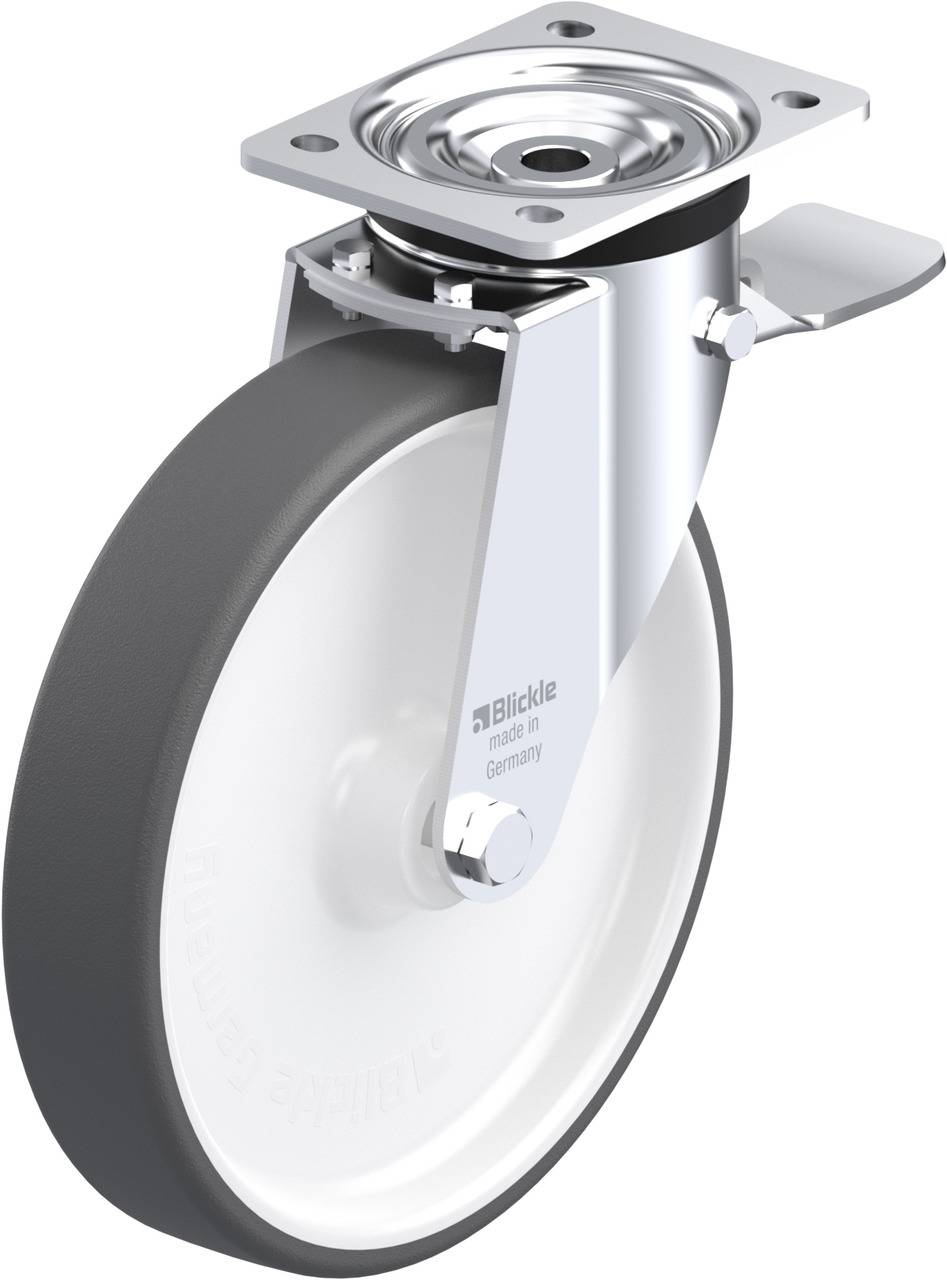 Metall-Rollenrad mit grauem, gummiertem Reifen und Bremse. Oberteil besteht aus glänzendem Metall, angebracht auf einer quadratischen Platte.