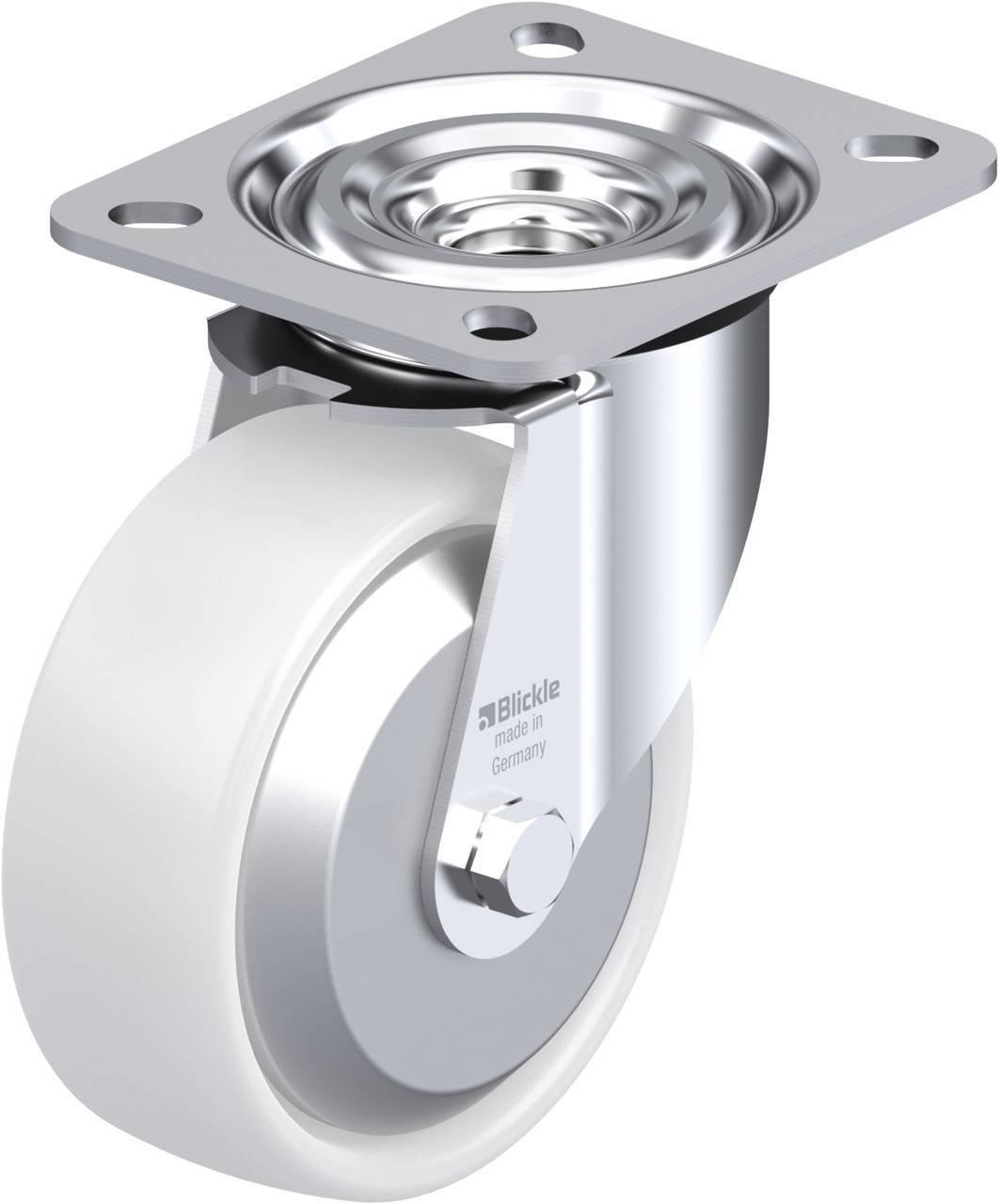 Eine silberne Lenkrolle mit weißem Rad und Metallgehäuse, montiert auf einer rechteckigen Metallplatte für Befestigungszwecke.