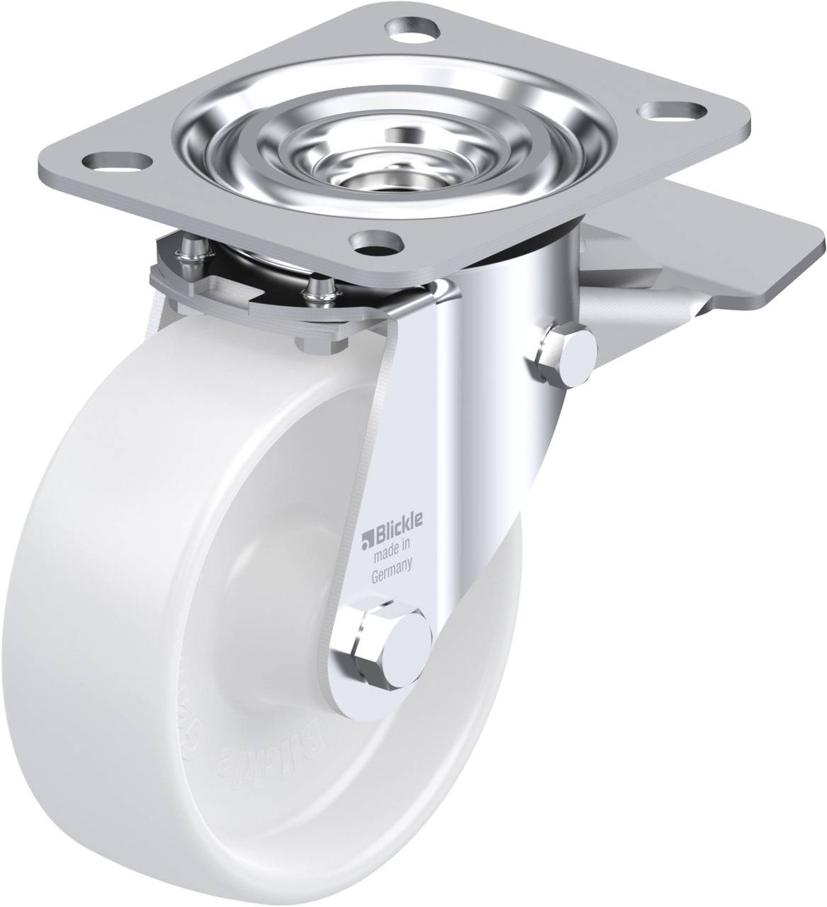 Schwenkrolle mit weißem Rad und Metallplatte, geeignet für Möbel oder Geräte. Metallstift für Befestigung erkennbar.