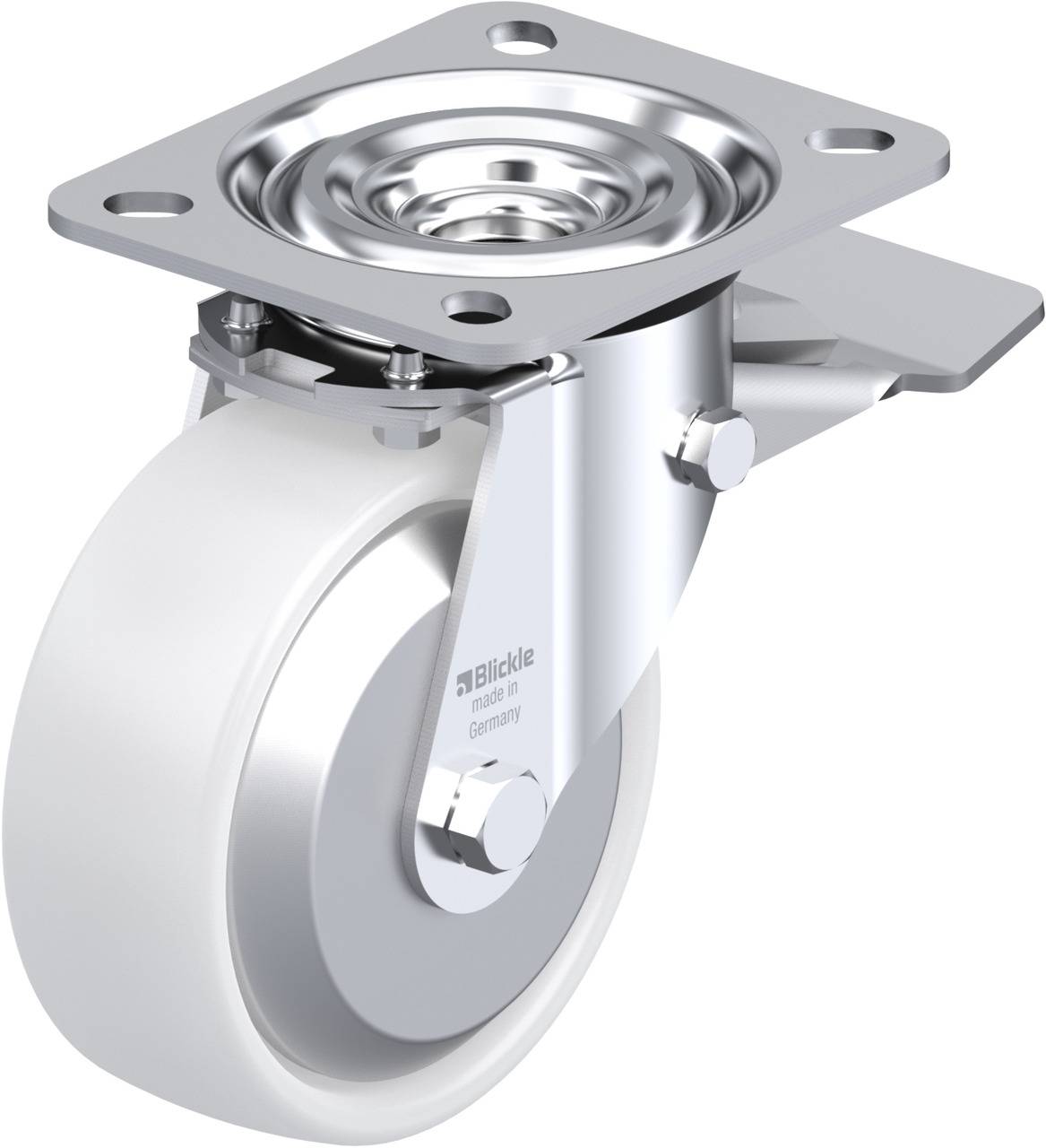 Lenkrolle mit grauem, robustem Rad und Metallhalterung, geeignet für leichte bis mittelschwere Lasten. Markennamen auf Rad sichtbar.