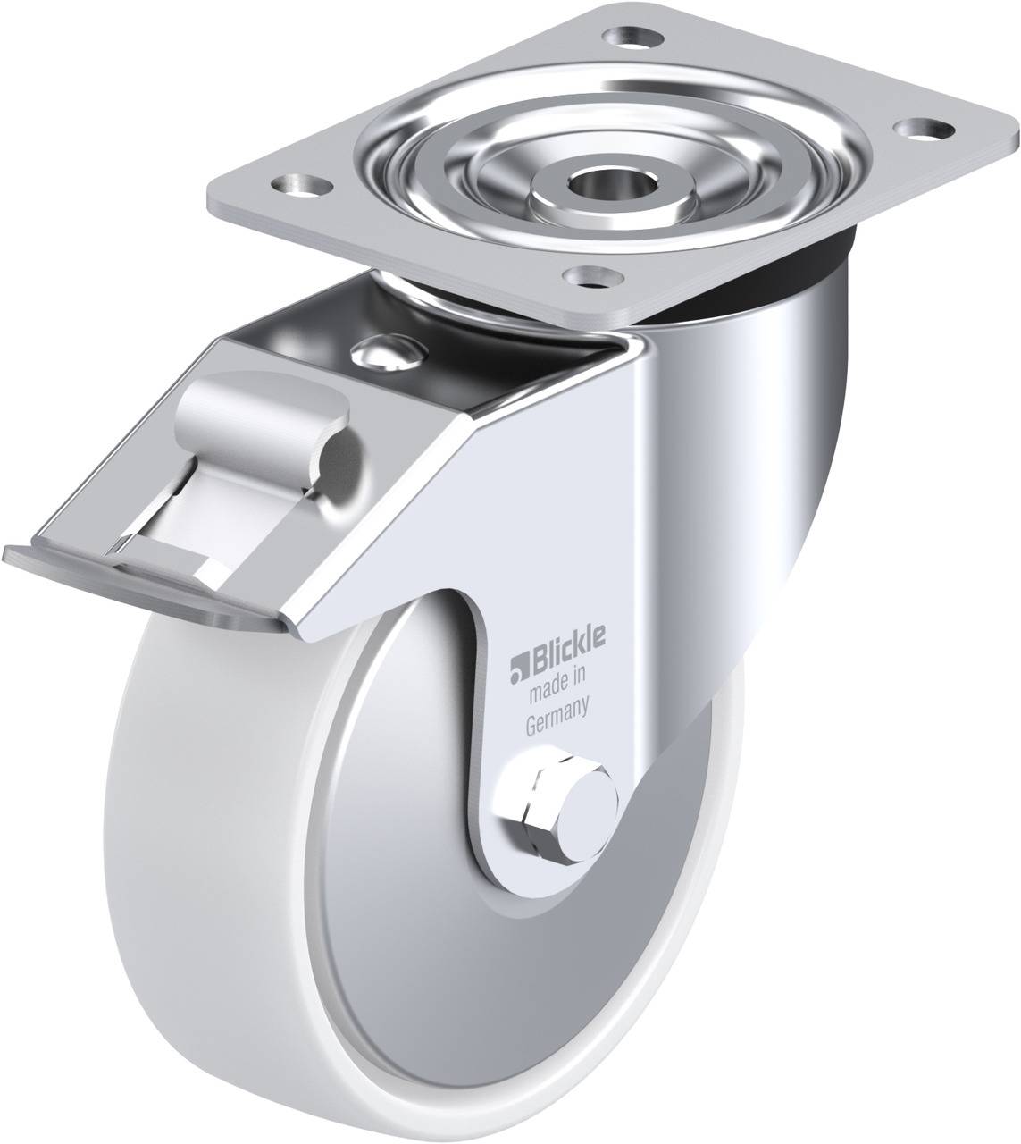 Metallrolle mit feststellbarer Halterung und weißen Reifen, geeignet für industrielle Anwendungen oder Möbel.