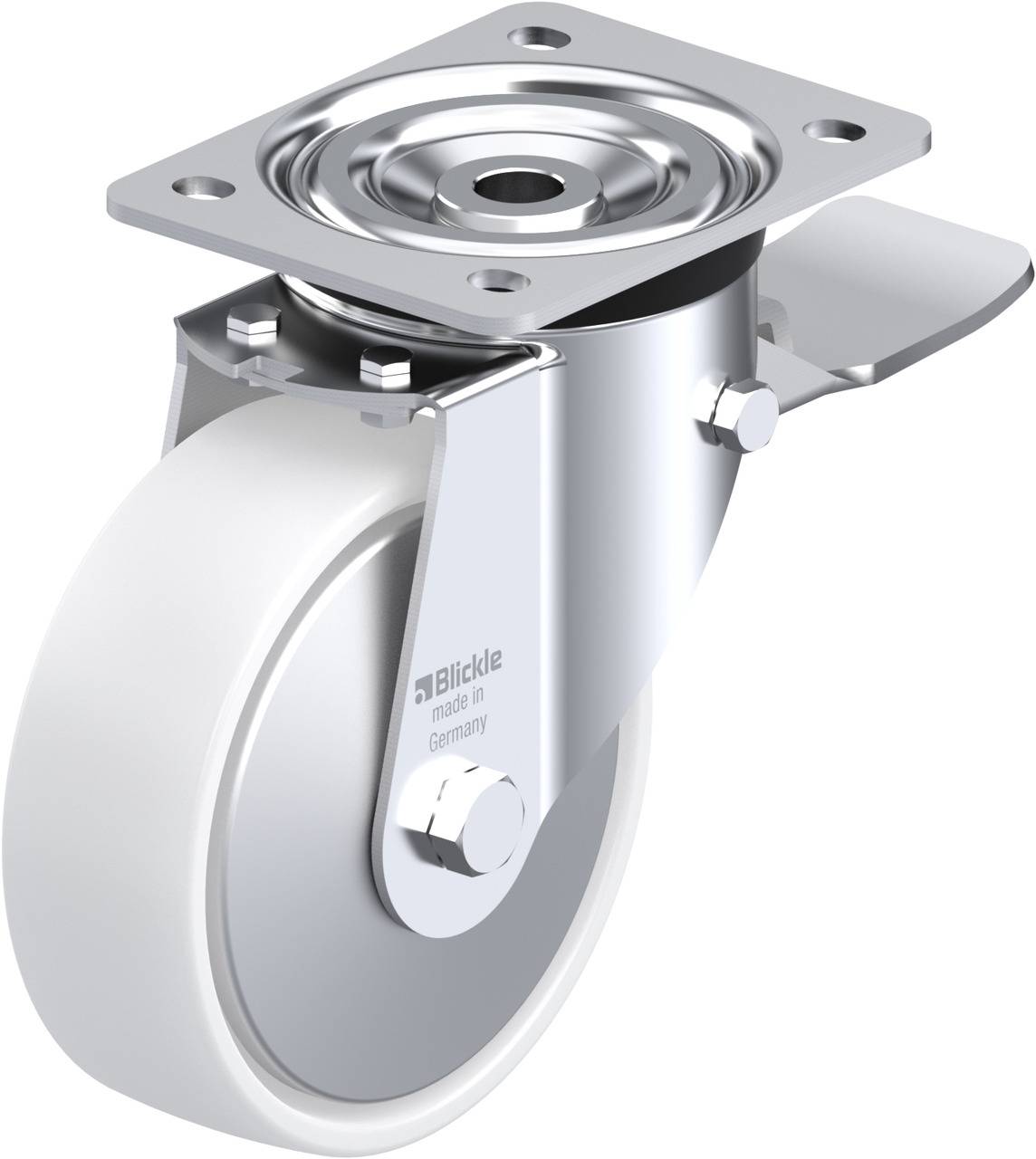 Rollbremsrolle aus Metall mit weißem Rad und montierter Platte, hergestellt in Deutschland, geeignet für Industriemöbel.