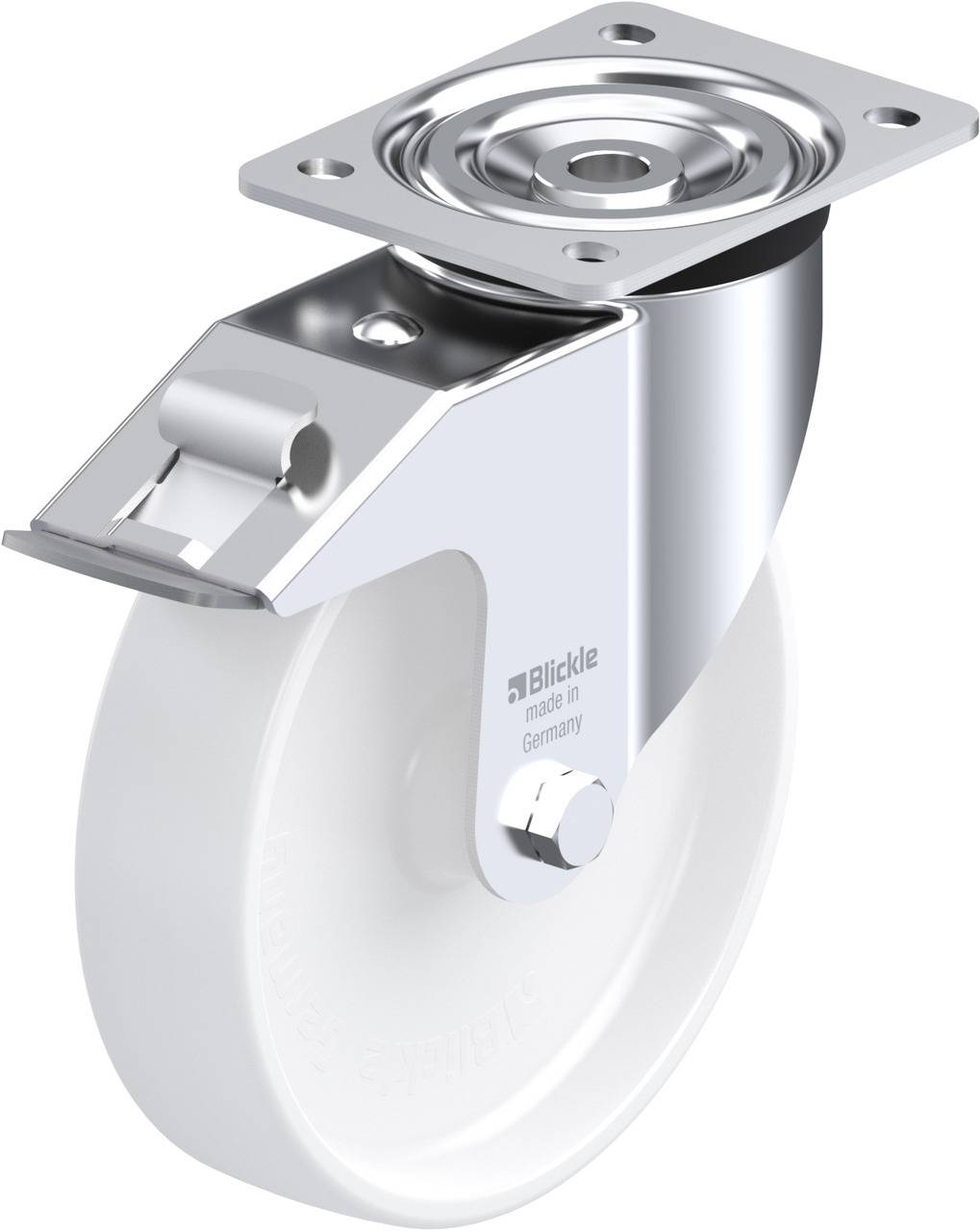 Ein robustes, silbernes Lenkrollenrad mit weißem Rad und Montageplatte aus Metall, geeignet für Möbel oder industrielle Anwendungen.