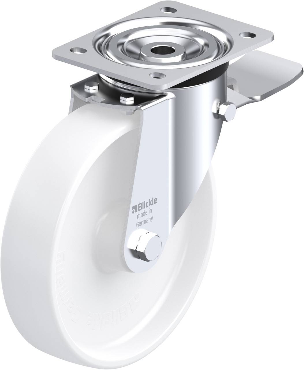 Eine stabile Lenkrolle aus Edelstahl, geeignet für industrielle Anwendungen. Sie hat eine weiße, robuste Kunststoffbereifung.