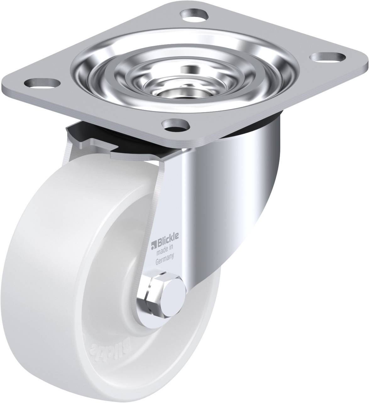 Lenkrolle mit weißem Rad und silbernem Metallgehäuse, geeignet für Möbel oder leichte Geräte.