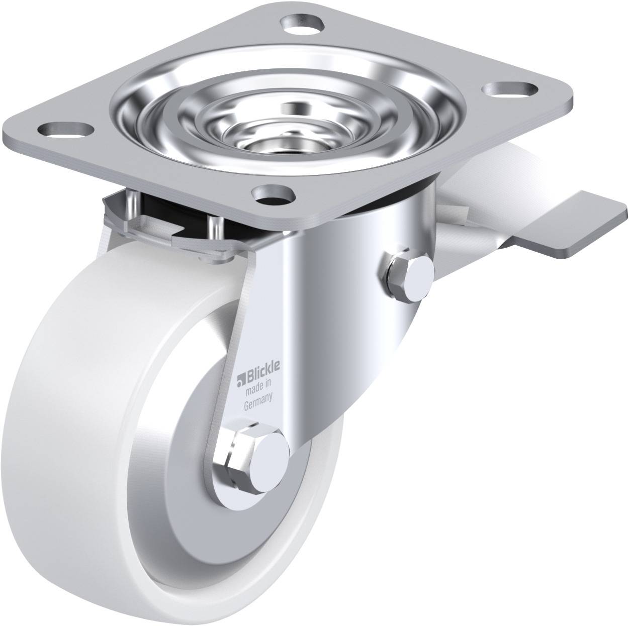 Schwenkrolle aus Metall mit weißem Rad und Halterung. Geeignet für einfache Bewegung von Möbelstücken oder Geräten.