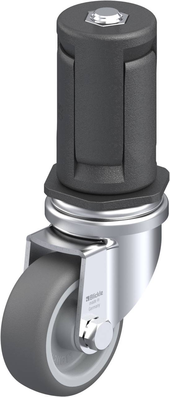 Grau-schwarzes Schwenkrollensystem mit Bremse, geeignet für Möbel oder Geräte, robustes Design, ideal für Mobilität und Stabilität.
