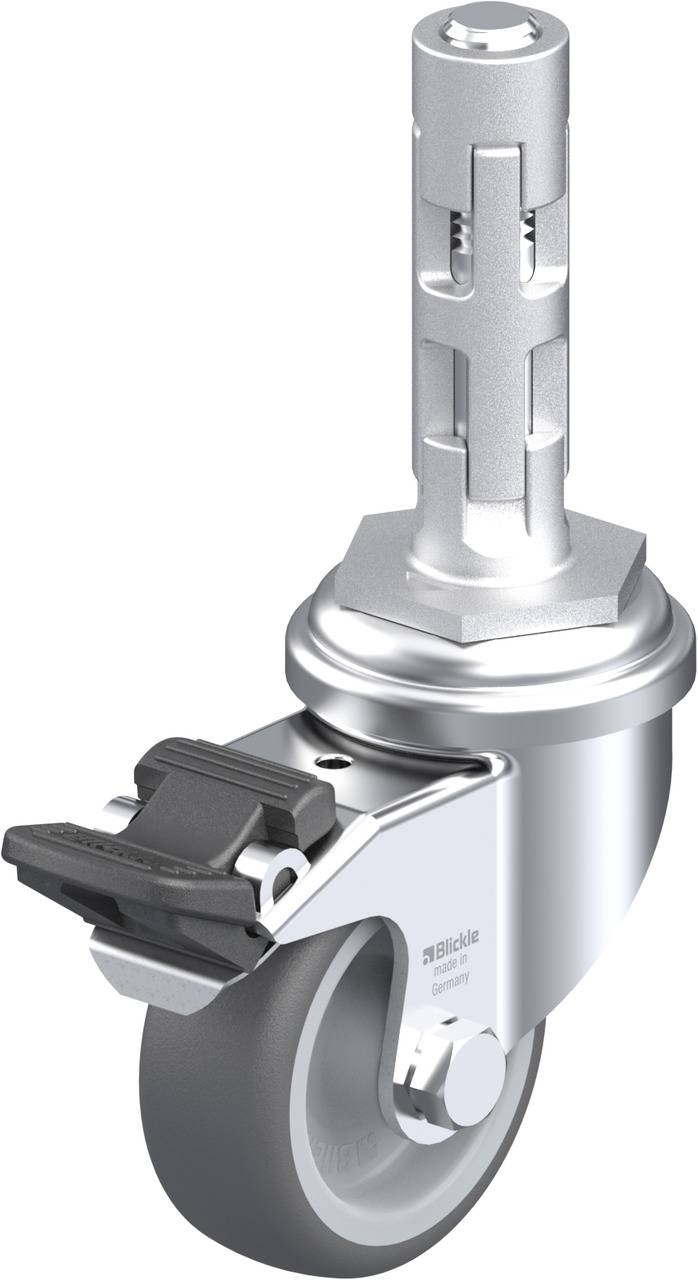 Hochleistungs-Lenkrolle aus Metall und Kunststoff mit Bremse, geeignet für gerätebezogene Anwendungen, glatt silberne Oberfläche.