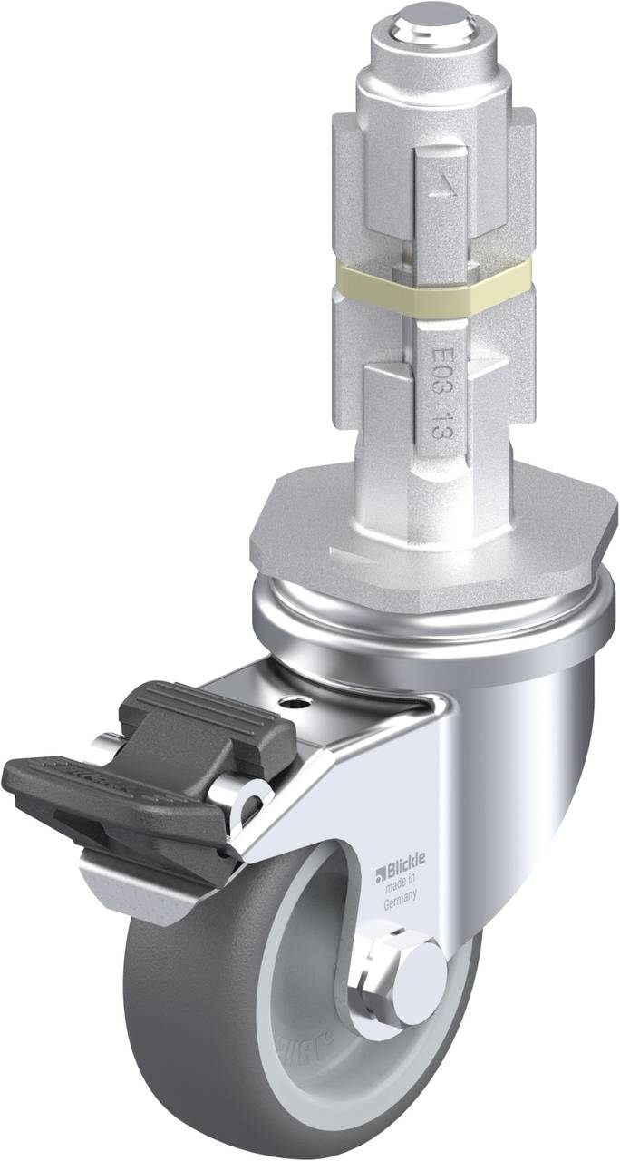 Metallisches Lenkrolle mit grauem Gummi für Industriemöbel, drehbar, zeigt Montageteile und Radkonstruktion.