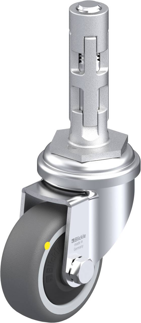 Metallisches Lenkrolle-Rad mit grauem Gummi-Rad und einer Befestigungsvorrichtung, geeignet für Industrieanwendungen.