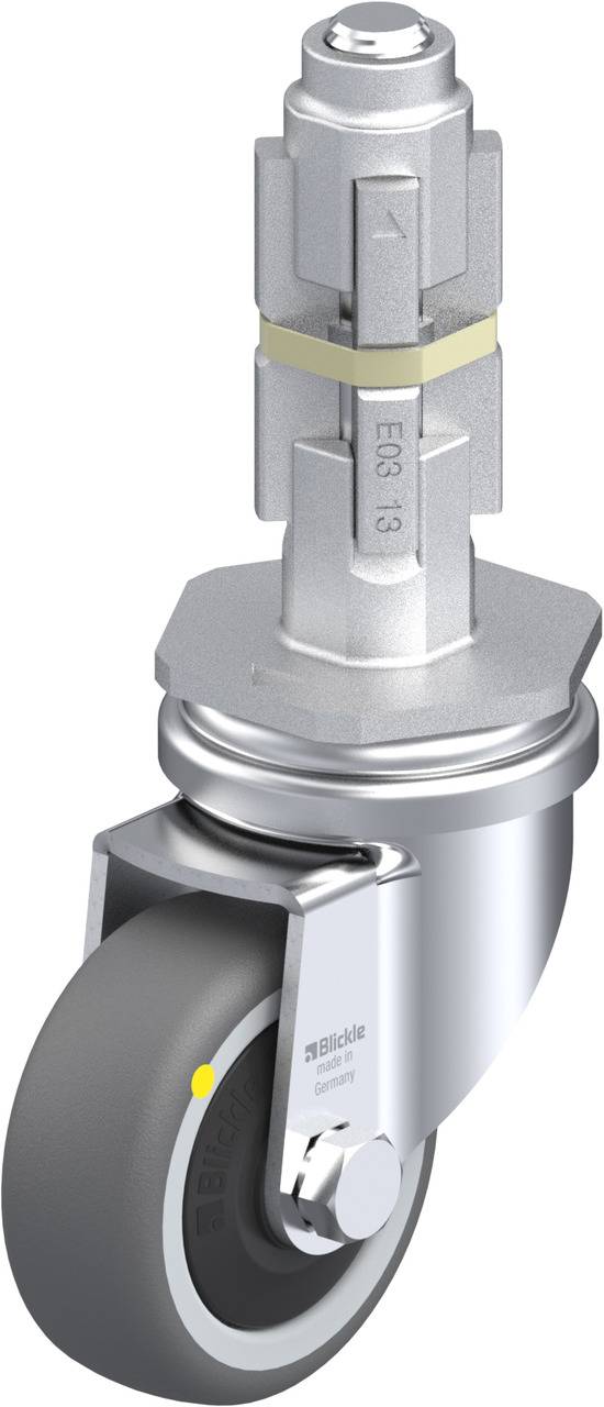Drehbares Rollenrad aus Metall und Kunststoff. Enthält eine Halterung und Befestigungsachse für Möbel oder Geräte.