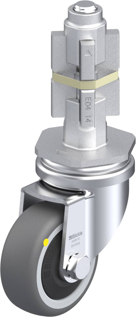 Industrie-Schwenkrolle mit Metallaufnahme für eine Stabilisierungsvorrichtung, verwendet zur Bewegung und Unterstützung schwerer Ausrüstung.