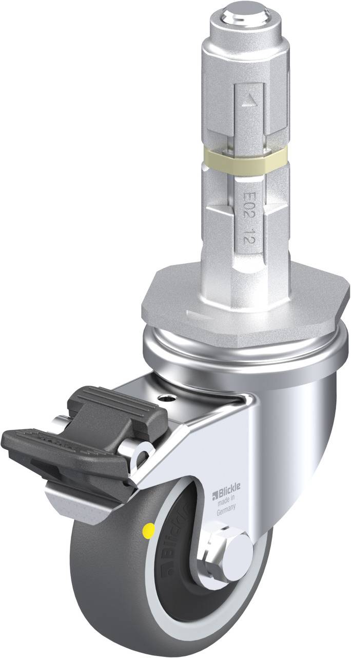 Rolle mit Metallgehäuse und schwarzem Rad, geeignet für Möbel oder Geräte, ermöglicht leichtes Bewegen.