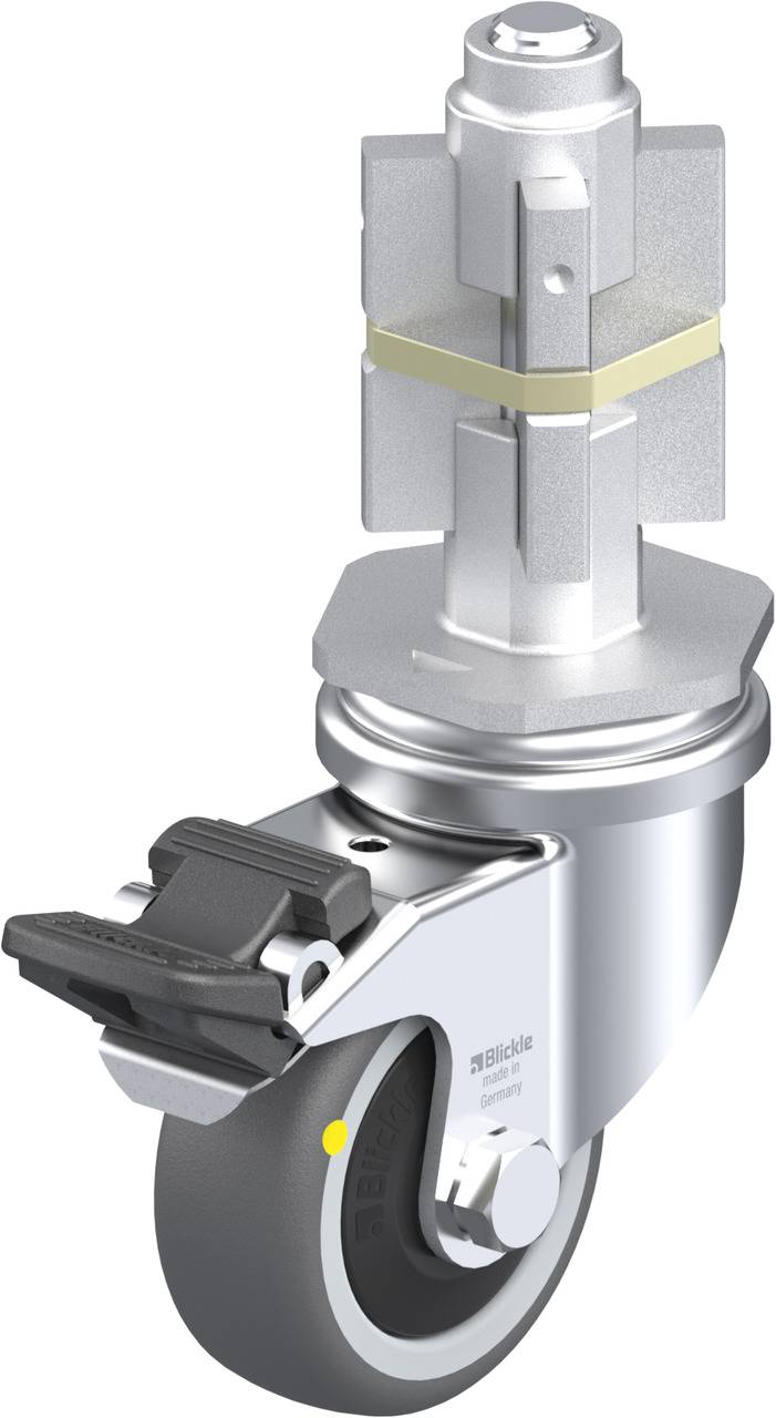 Rollenrad aus Metall mit schwarzem Reifen und Bremse, geeignet für Möbel oder Transportgeräte.