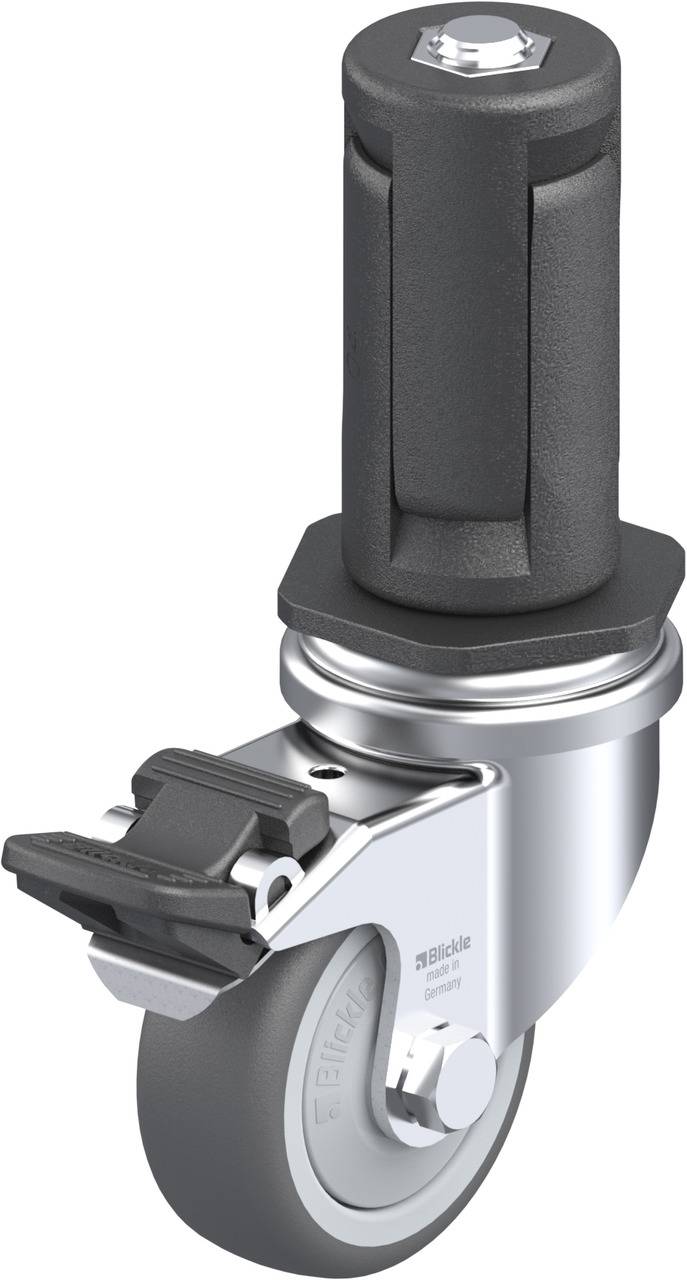 Ein feststellbares Metall- und Kunststoffradesystem, geeignet für Möbel oder Geräte, mit einem integrierten Bremsmechanismus und robuster Bauweise.