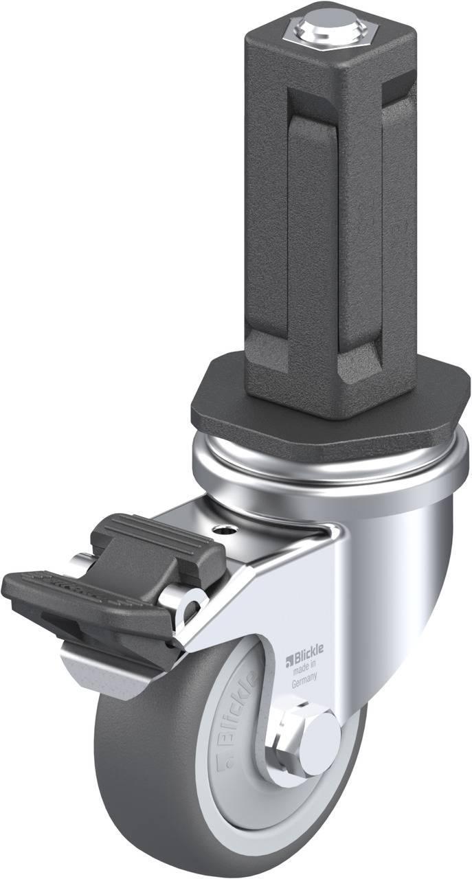 Schwenkrolle mit grauem Rad und schwarzem Befestigungselement oben. Die Rolle hat eine Bremse und ein glänzendes Metallgehäuse.