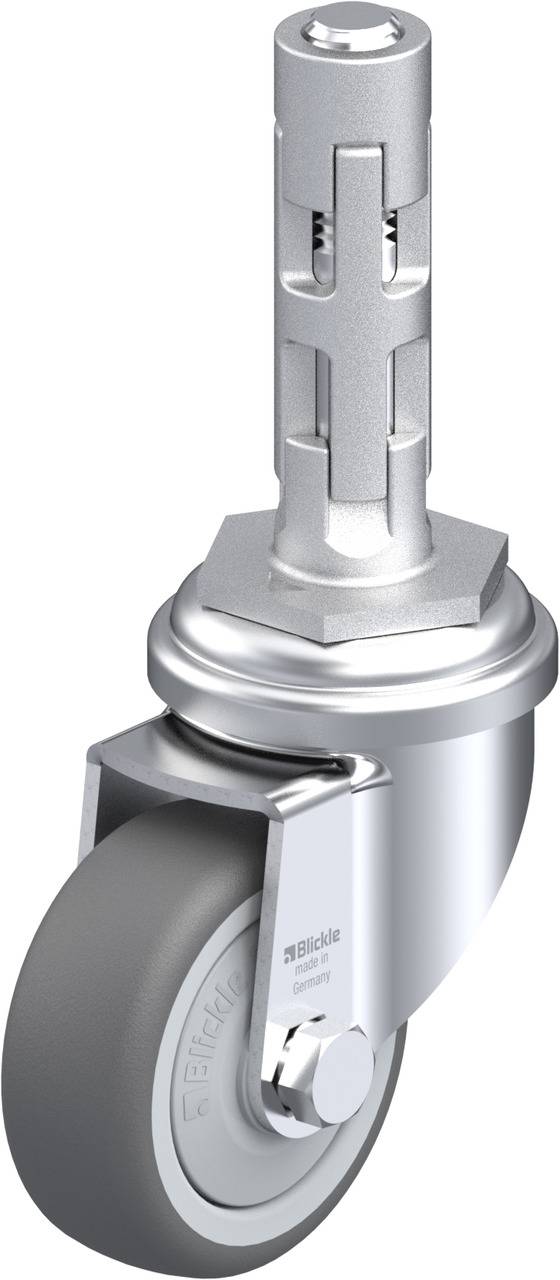 Einzelnes Lenkrad mit grauem Rad und metallischer Halterung, designed für Möbel oder Geräte, zeigt Details der Befestigungskomponenten.