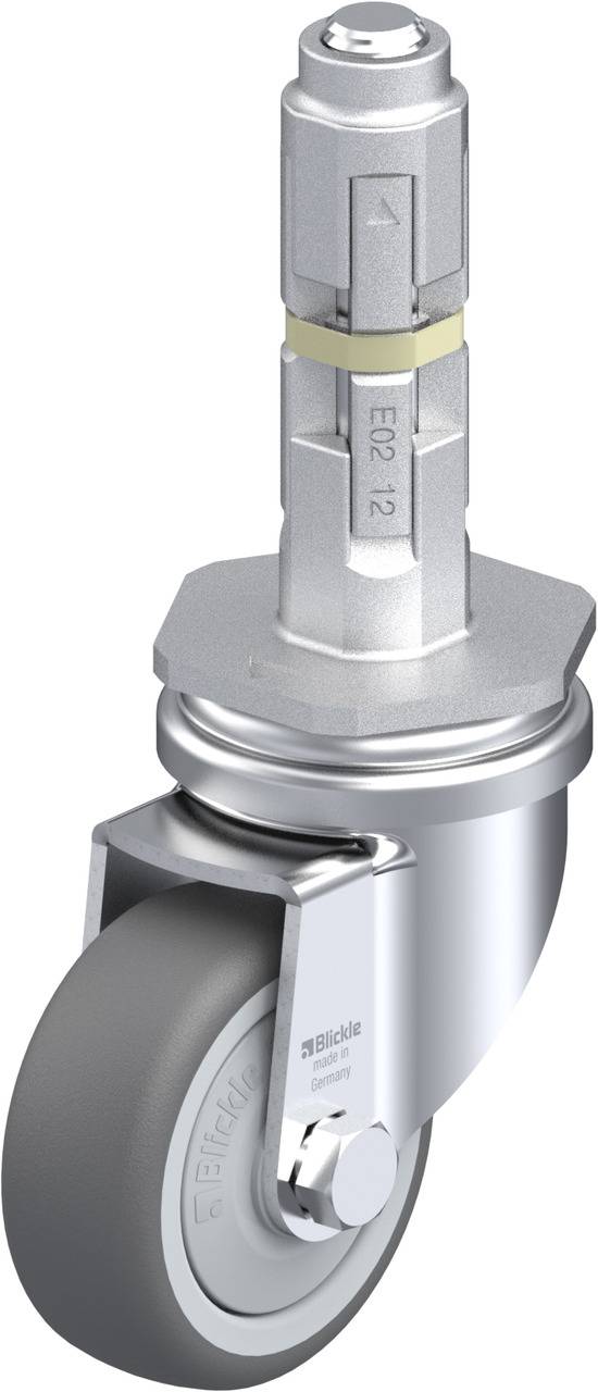 Silberne Lenkrolle mit grauem Rad, geeignet für Möbel oder Geräte, zylindrische Aufnahme oben.