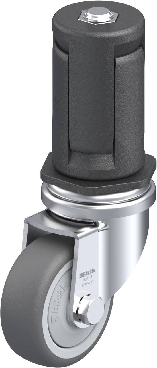 Industrie-Lenkrolle mit schwarzem Metallgehäuse und grauem Rad auf weißem Hintergrund. Geeignet für Maschinen und Möbel.