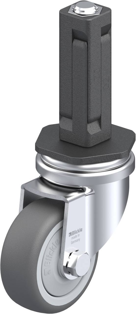 Industrierolle mit grauem Rad, silbernem Gehäuse und schwarzem Steckbolzen, geeignet für Transportgeräte.