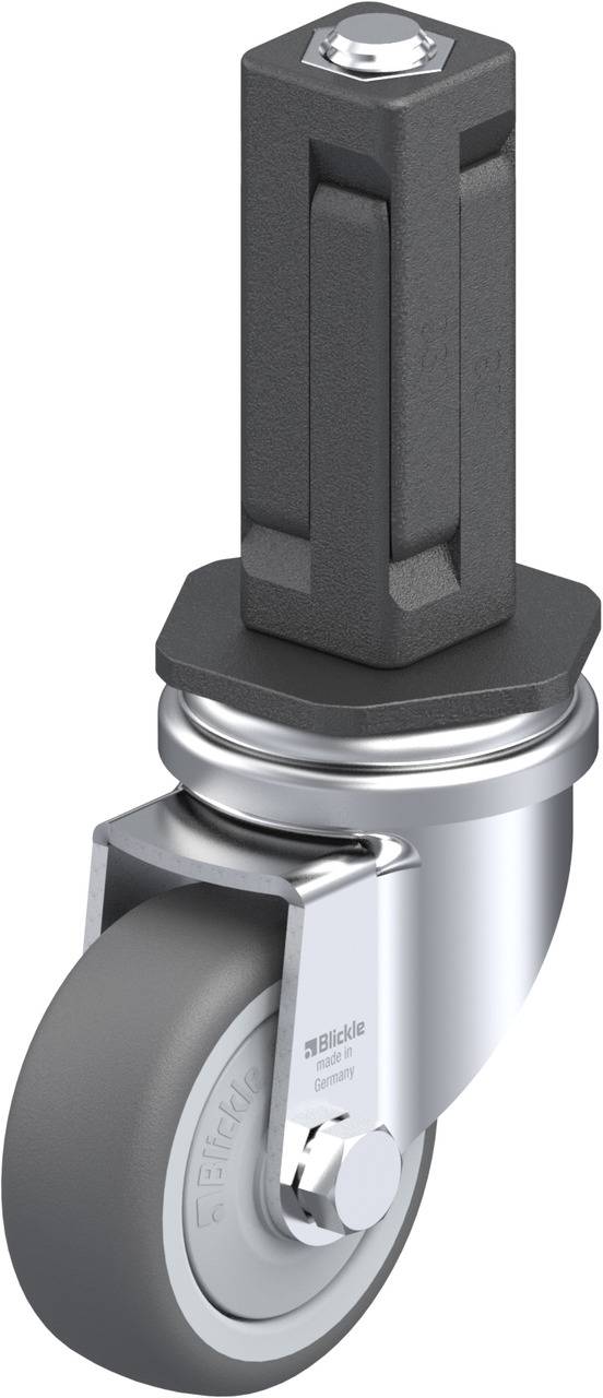 Drehbares Möbelrad aus Metall und Gummi mit quadratischem Stift zur Befestigung. Geeignet für den Einsatz an Möbelstücken oder Arbeitswagen.