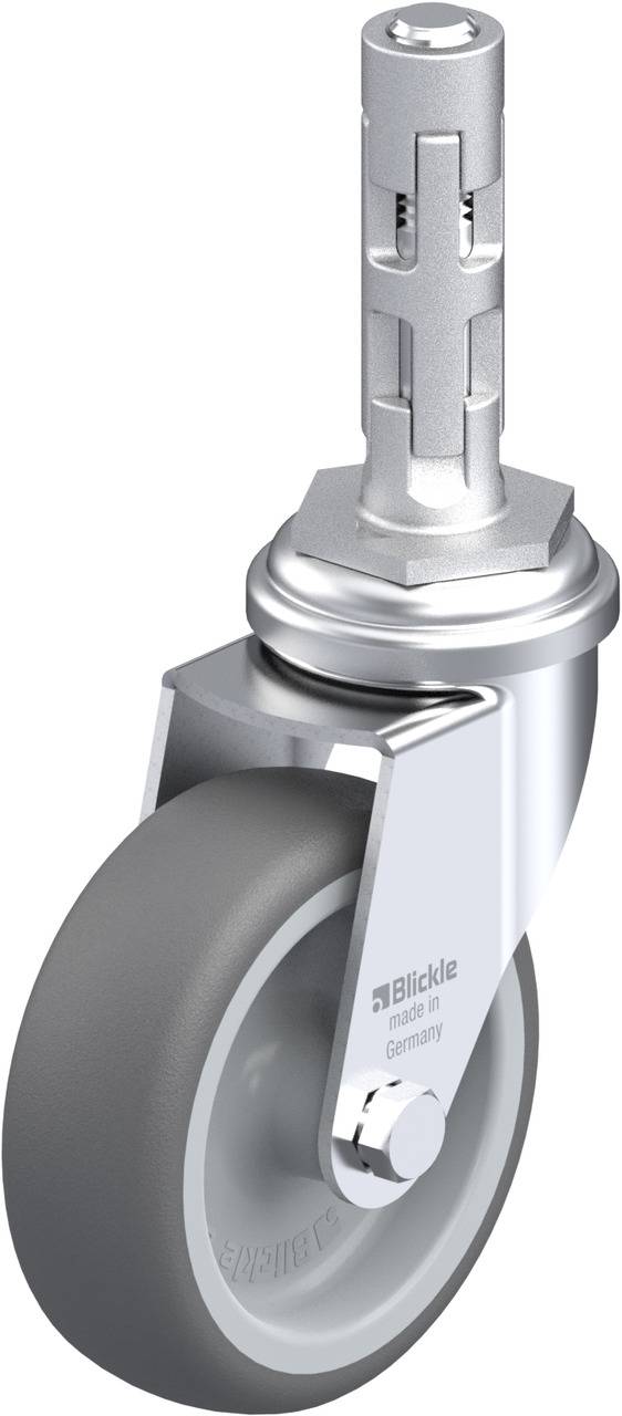 Industrie-Rad mit grauem Reifen und silbernem Gehäuse, geeignet zur Befestigung an Geräten. Text 'Blickle' auf Gehäuse sichtbar.
